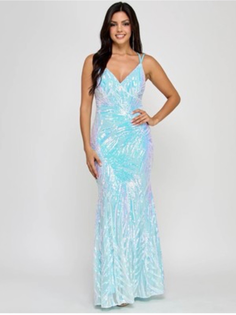 Morgan & Co Sleeveless Sequin Gown - Baby Blue Rainbow - 11 - New with tags